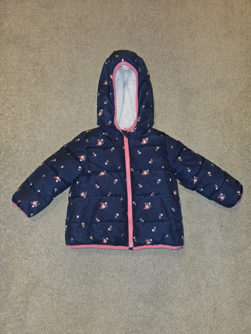 GAP Baby Cream Sherpa Jacket with Pink Loop Accent 2y